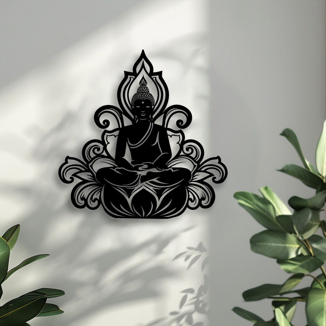The abstract quality of the serene Buddha lotus silhouette metal artwork is highlighted by ethereal shadows on a textured white wall.