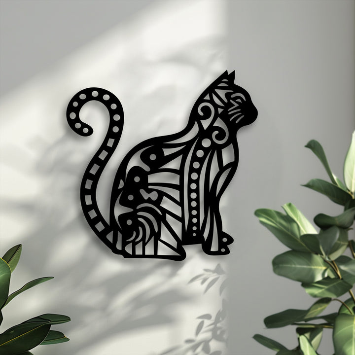 The robust unique metal wall art showcases an ornamental cat silhouette with a decorative pattern, highlighting its durable construction.
