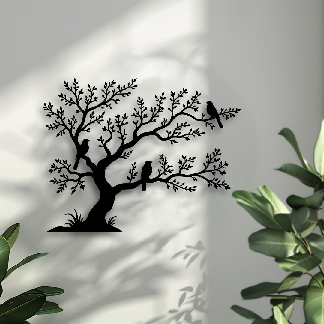 The realistic detail of the metal tree and birds casts intricate shadows on the textured wall, creating unique decoration wall art.