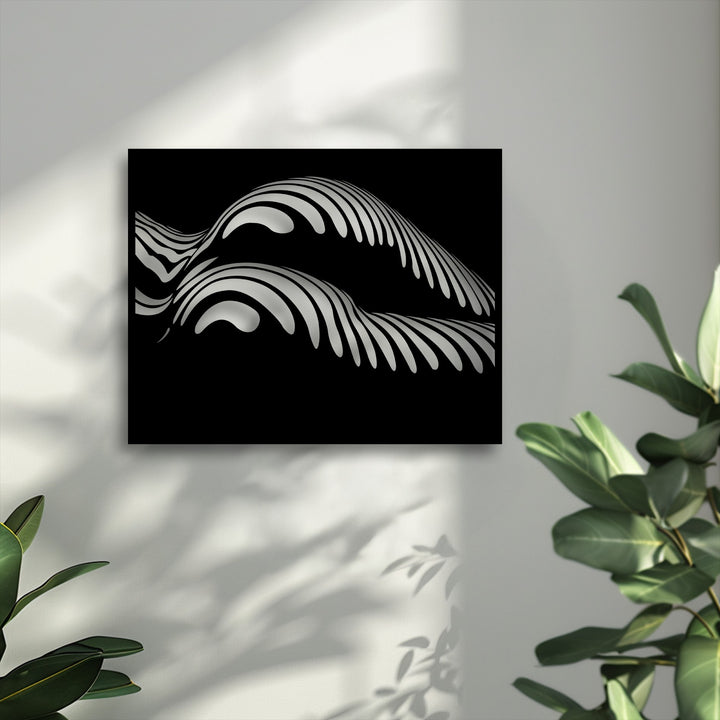Negative space dramatically frames the silver abstract ocean wave metal artwork, highlighted by sunlit wall textures and plant shadows.