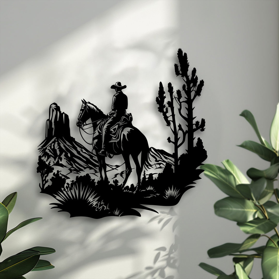 A balanced, slightly cool color temperature highlights the intricate black Western Cowboy Landscape metal art for wall against a bright, textured background.