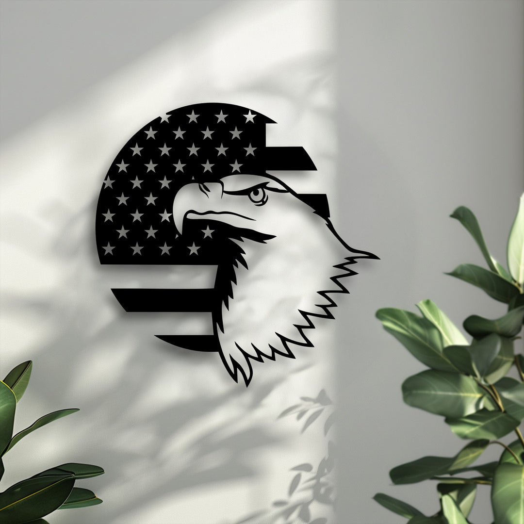 Light and shadow illuminate the black Patriotic Eagle Emblem metal art for wall, its American flag design casting compelling shapes.