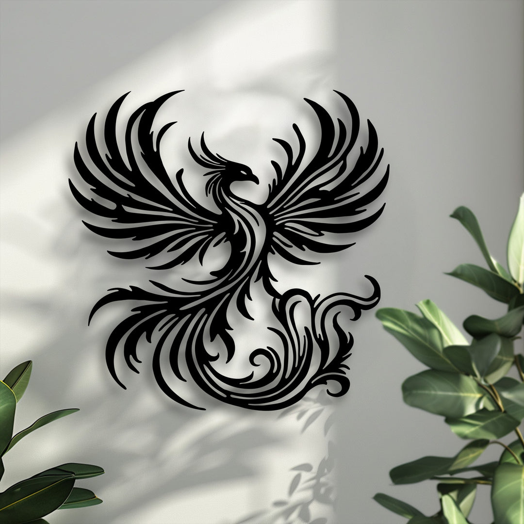 The profound stillness of the unique metal wall art showcases a majestic phoenix in an intricate rising design against a serene backdrop.