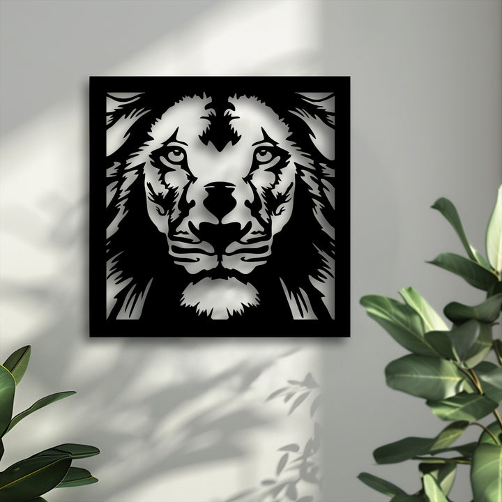 Dynamic light and shadow interplay on the textured wall, revealing the striking geometric lion face metal decoration wall art.