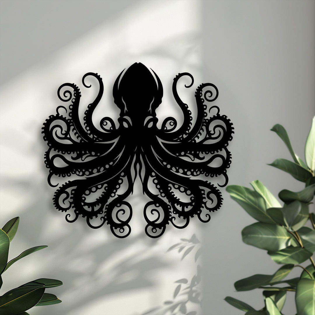 The precise edges and ornate borders of the black octopus tentacle metal decoration wall art beautifully highlight its detailed, curling forms.
