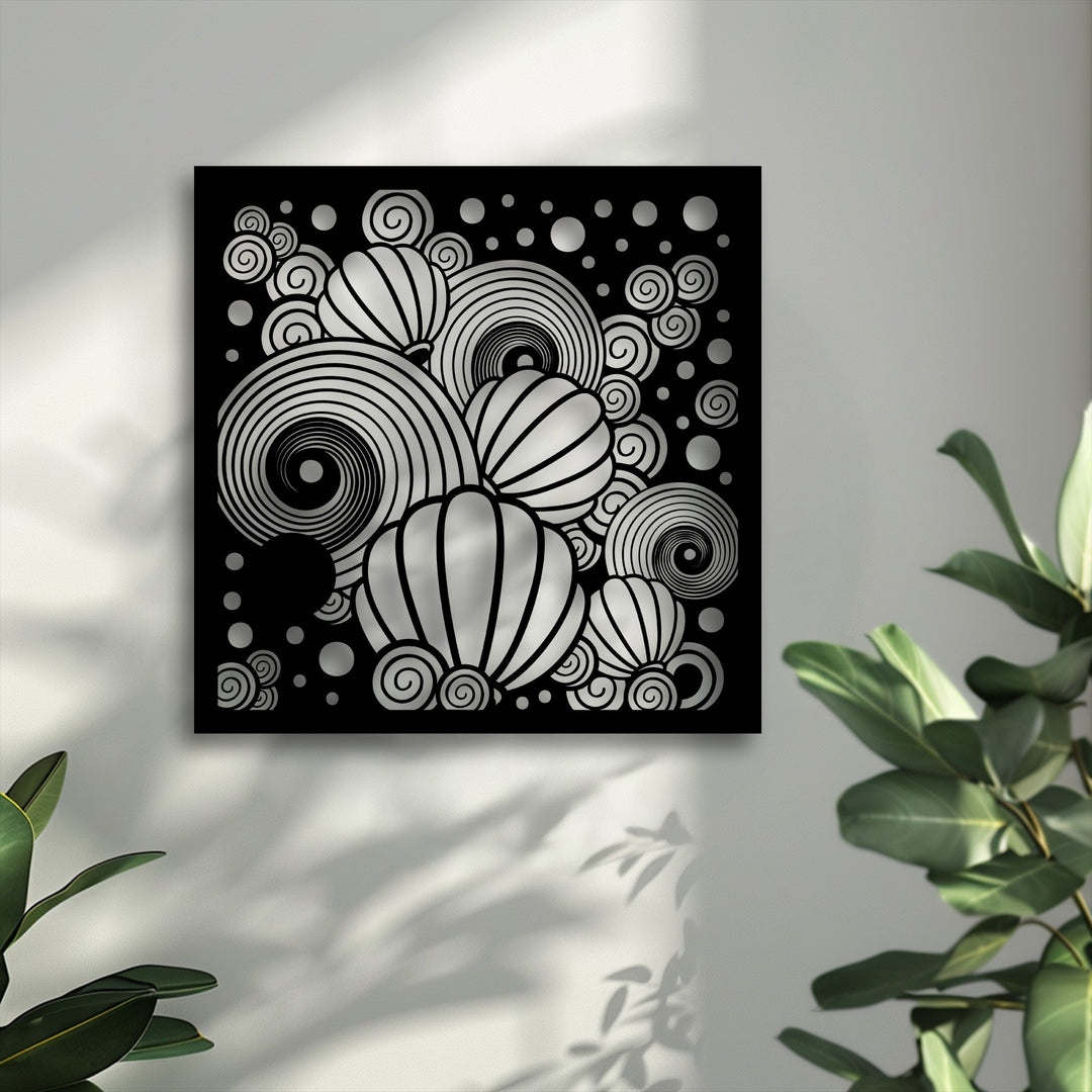 The darkest area reveals intricate silver spirals and segmented balloon shapes on a striking black abstract metal wall decor.