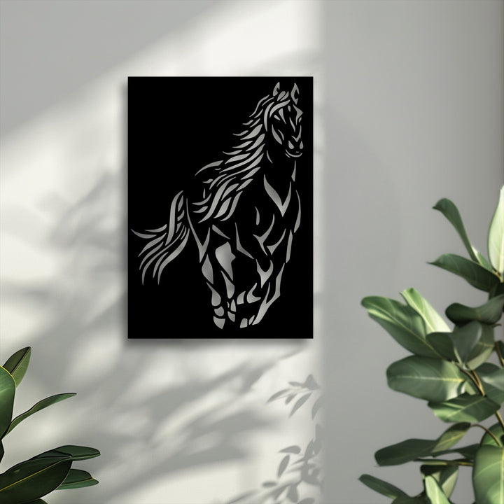 The high color saturation of this dynamic Wild Spirit Horse metal art for wall showcases a striking silver silhouette on a deep black background.