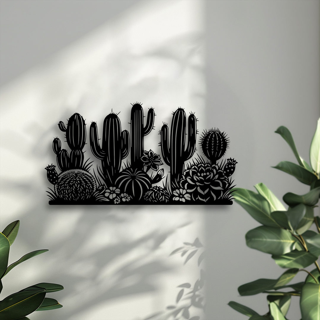 Highlighting the layering effect, this decorative metal art of a desert cactus garden silhouette casts deep shadows, enhancing its unique visual depth.