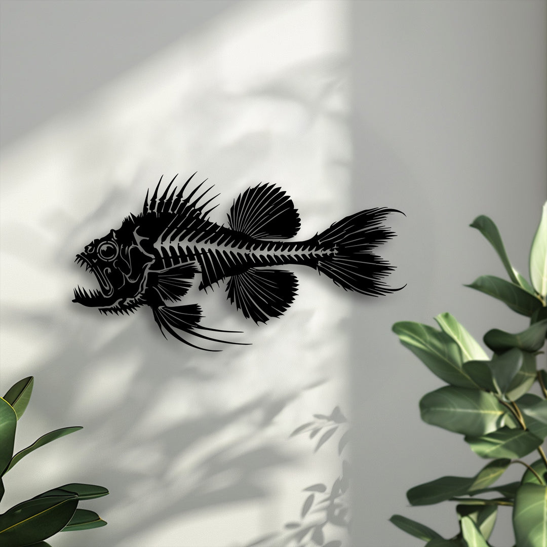 The sharply defined edges and intricate borders of the predator fish skeleton decorative metal art create a striking silhouette.