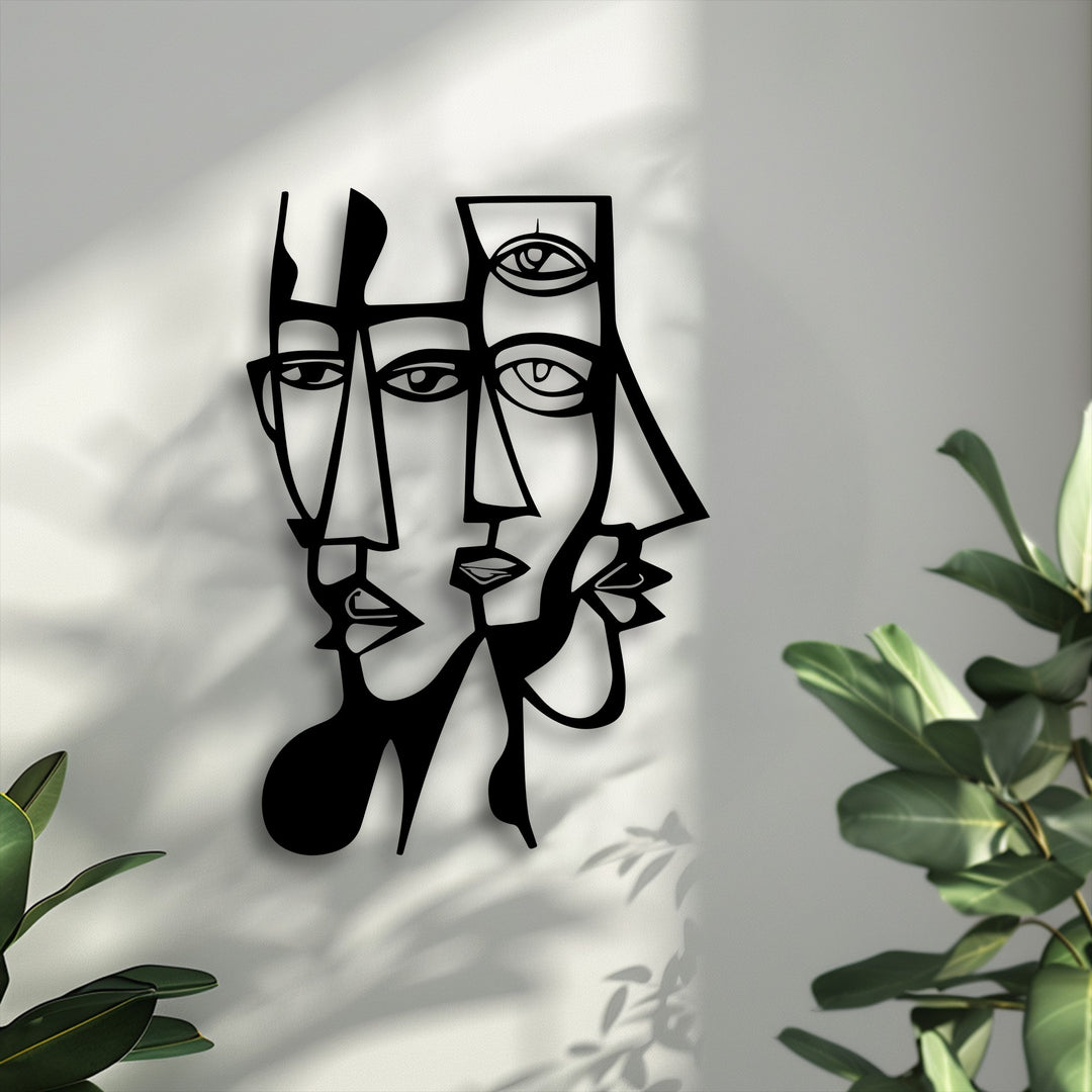 The contemplative mood is captured by this abstract dual faces metal artwork with geometric lines, casting intriguing shadows.