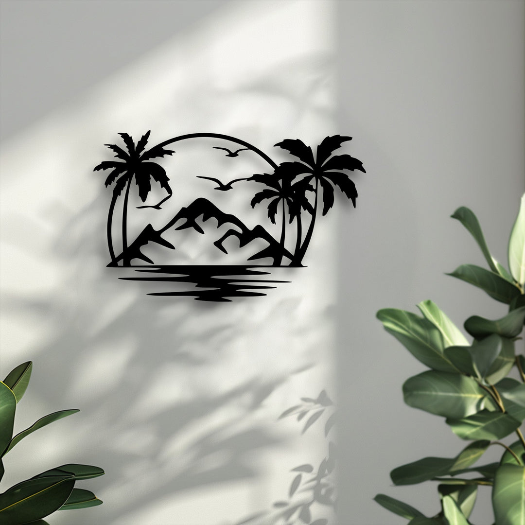 The brightest area, a pristine white wall, beautifully illuminates the black tropical sunset silhouette metal wall decor.