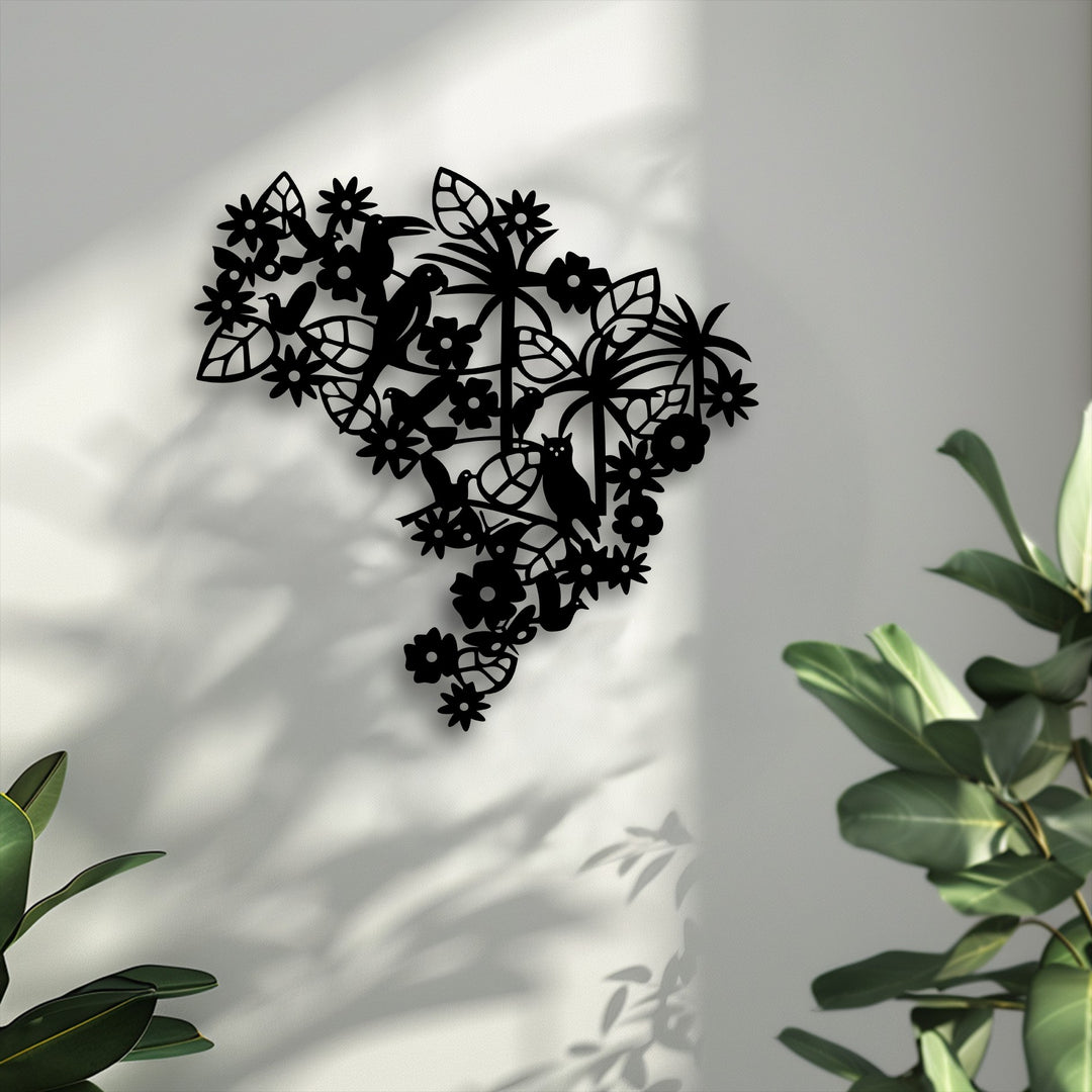 A serene light gray wall provides a perfect backdrop for the intricate floral bird garden metal artwork, a beautiful nature-inspired decorative panel.