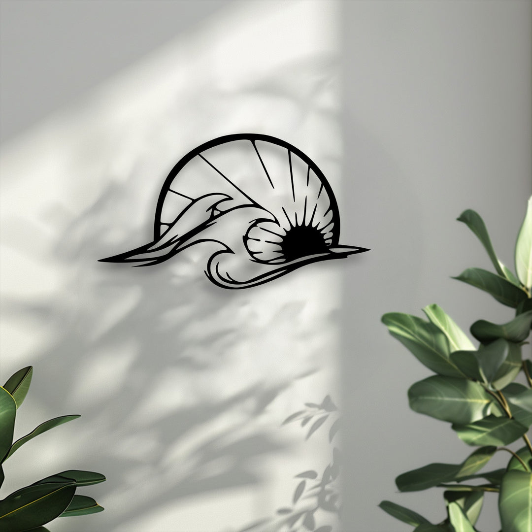 Horizontally oriented unique metal wall art featuring an arching sun, graceful ocean waves, and a sleek dolphin silhouette.
