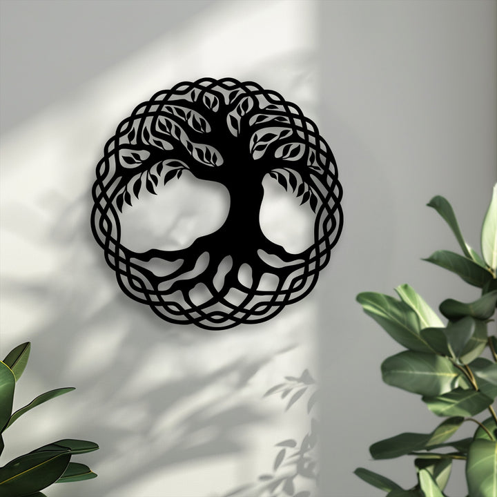 Abstractly rendered, this metal artwork features an intricate Celtic Tree of Life with swirling patterns and deep roots.