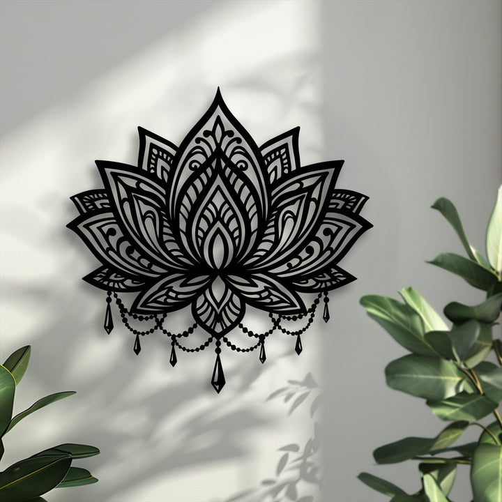 Realistic detail shines in this ornate lotus mandala metal decoration wall art, with intricate cuts, delicate dangling beads, and crisp shadows.