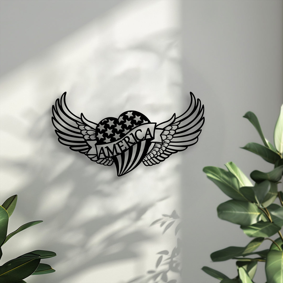 The stillness is captured by the striking American heart decorative metal art with freedom wings, casting serene shadows on a light wall.