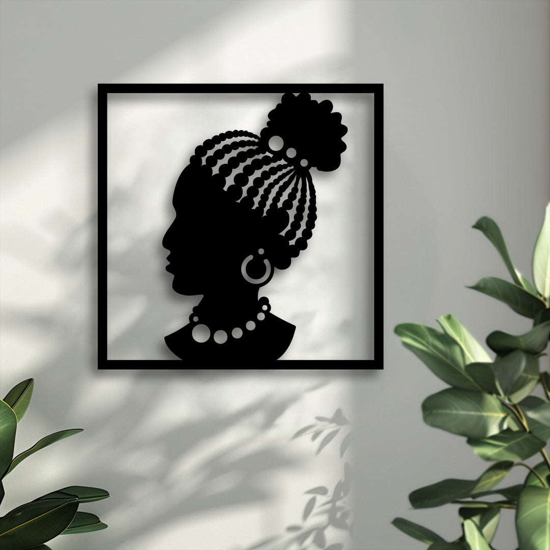 The focal point is this elegant African woman silhouette decoration wall art, featuring intricate braided hair, a bun, and a stylish necklace.
