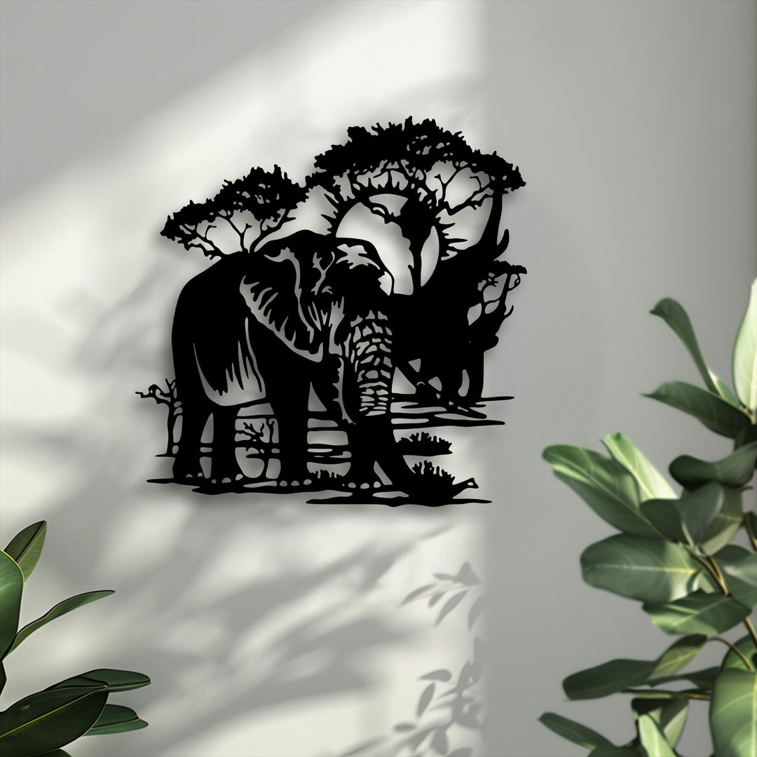 The organic forms of this elephant metal wall art capture a majestic safari landscape, an intricate decoration wall art design.