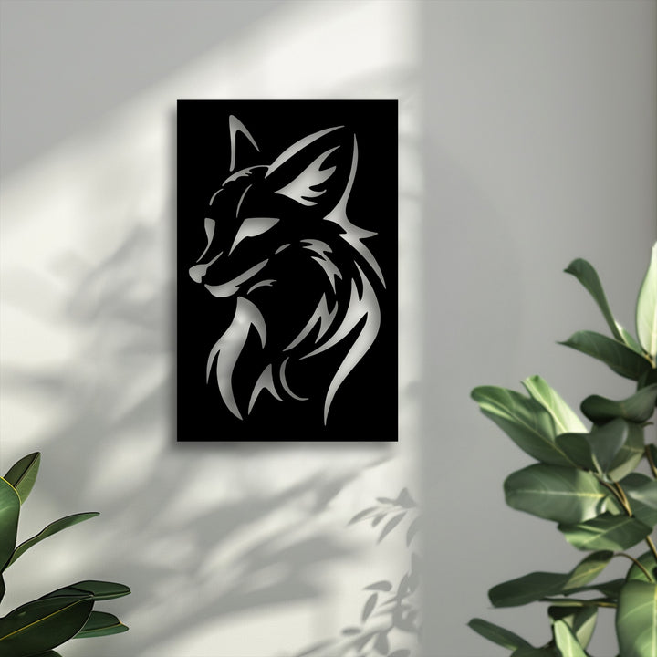 A brightly lit white wall with soft plant shadows creates a striking background for the fierce wolf head silhouette unique metal wall art.