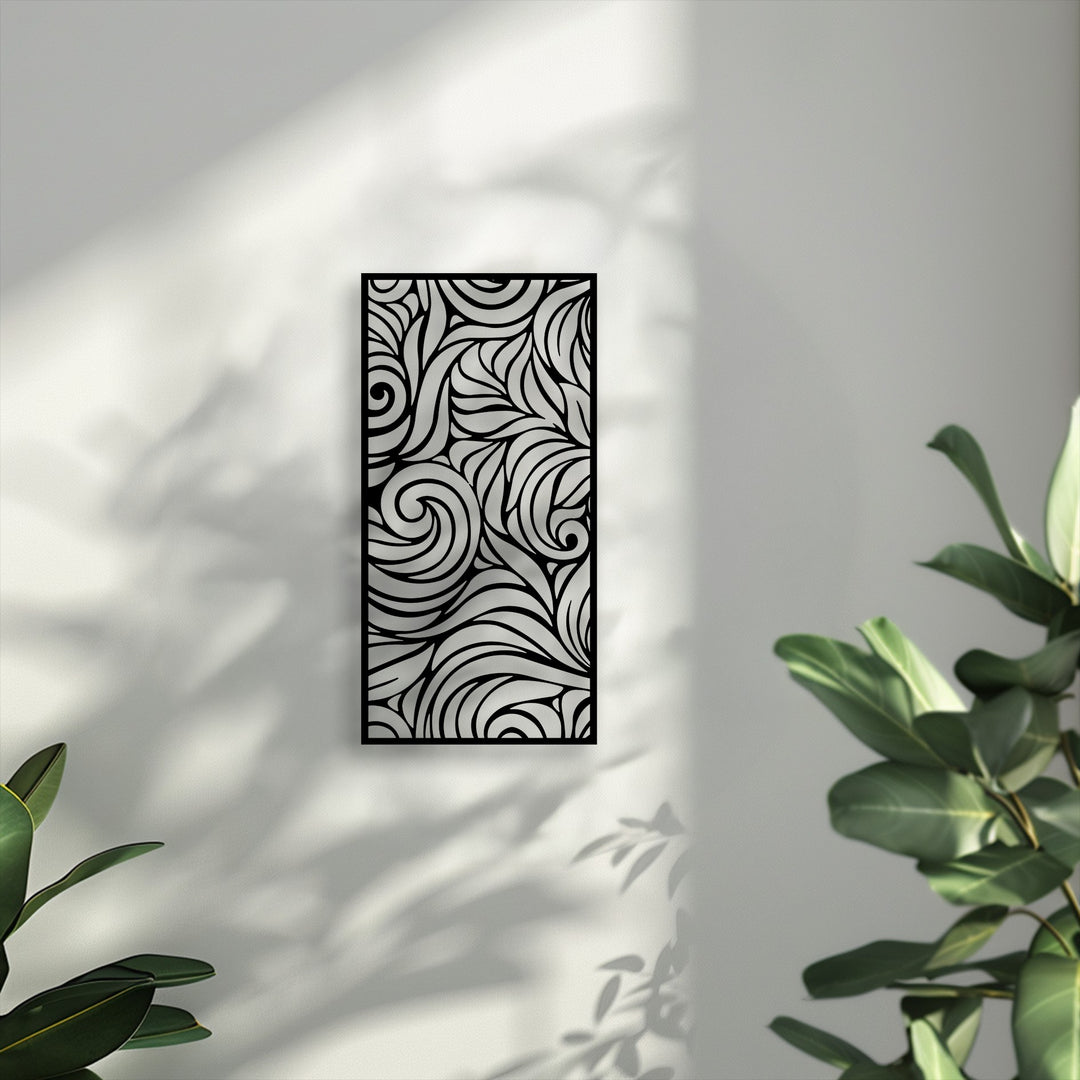 The serene mood of the room is established by the elegant abstract swirl metal artwork panel, casting gentle shadows.