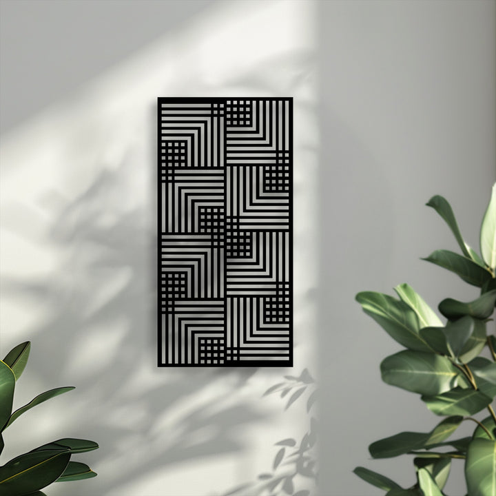Featuring notably low color saturation, the Geometric Rhythm modern linear pattern metal art for wall showcases stark black and silver hues.