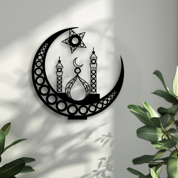 The realistic detail of this elegant black Islamic crescent moon and mosque metal wall decor is highlighted by the intricate shadows it casts.
