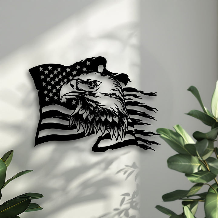 Focusing on the edge and borders, the sharp, intricate cut of this patriotic Eagle & American Flag metal artwork is clearly visible.
