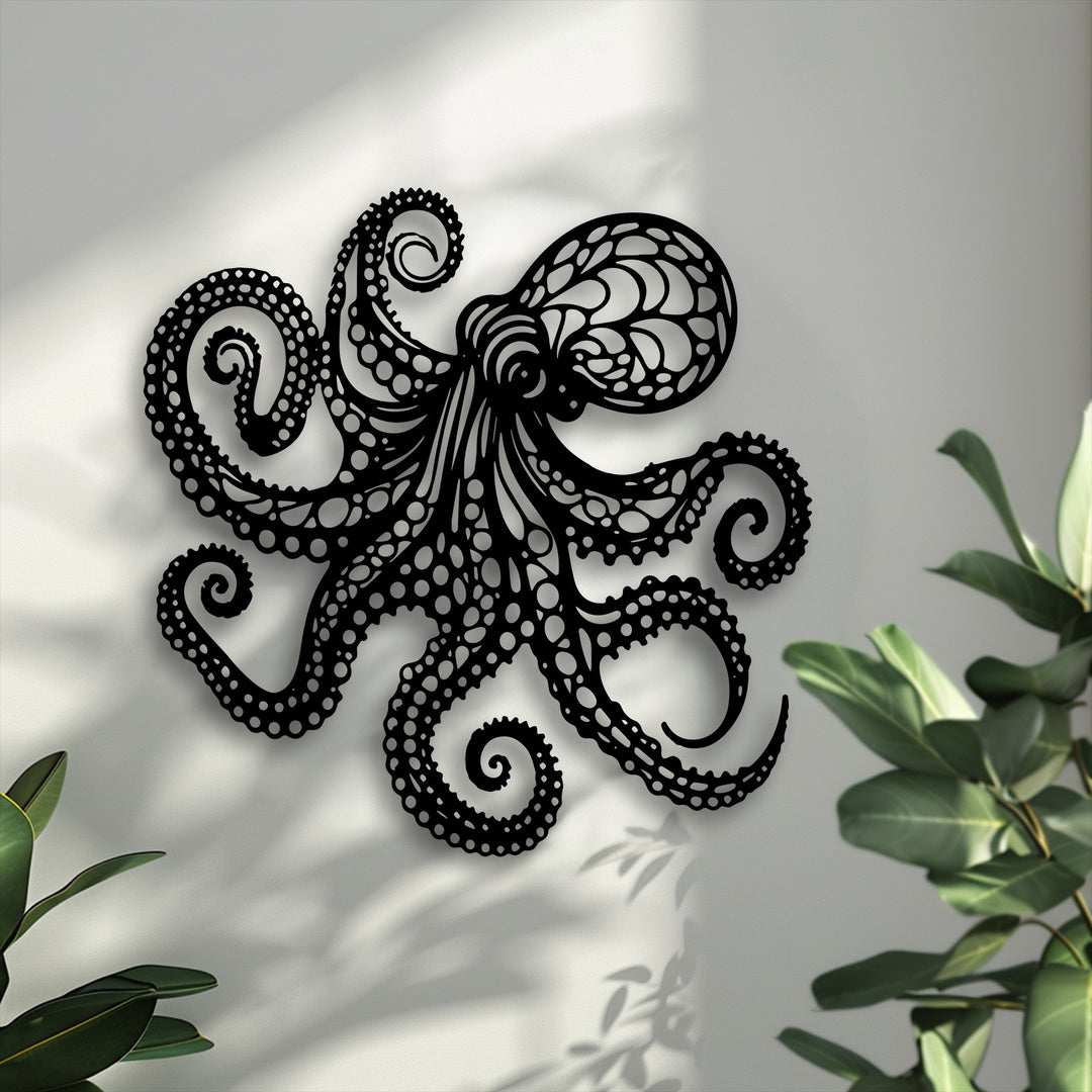 Geometric patterns and intricate lines form a striking black octopus metal wall decor piece, creating an artistic nautical accent.
