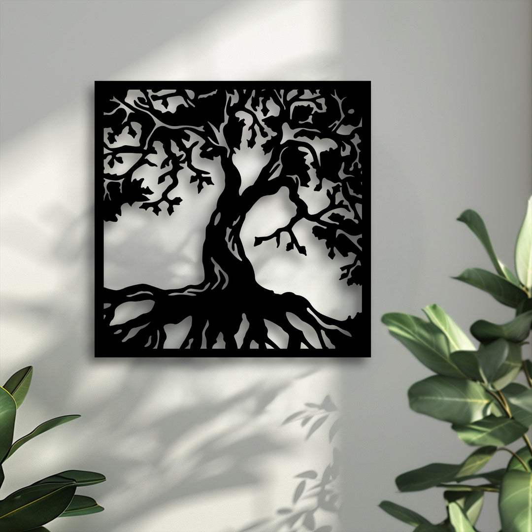 The darkest area reveals a striking black silhouette of a majestic tree, with intricate roots and branches, creating beautiful metal art for wall decor.