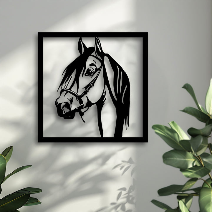 Sunlight casts intricate shadows that define the elegant form of the graceful stallion portrait metal art for wall against a bright background.