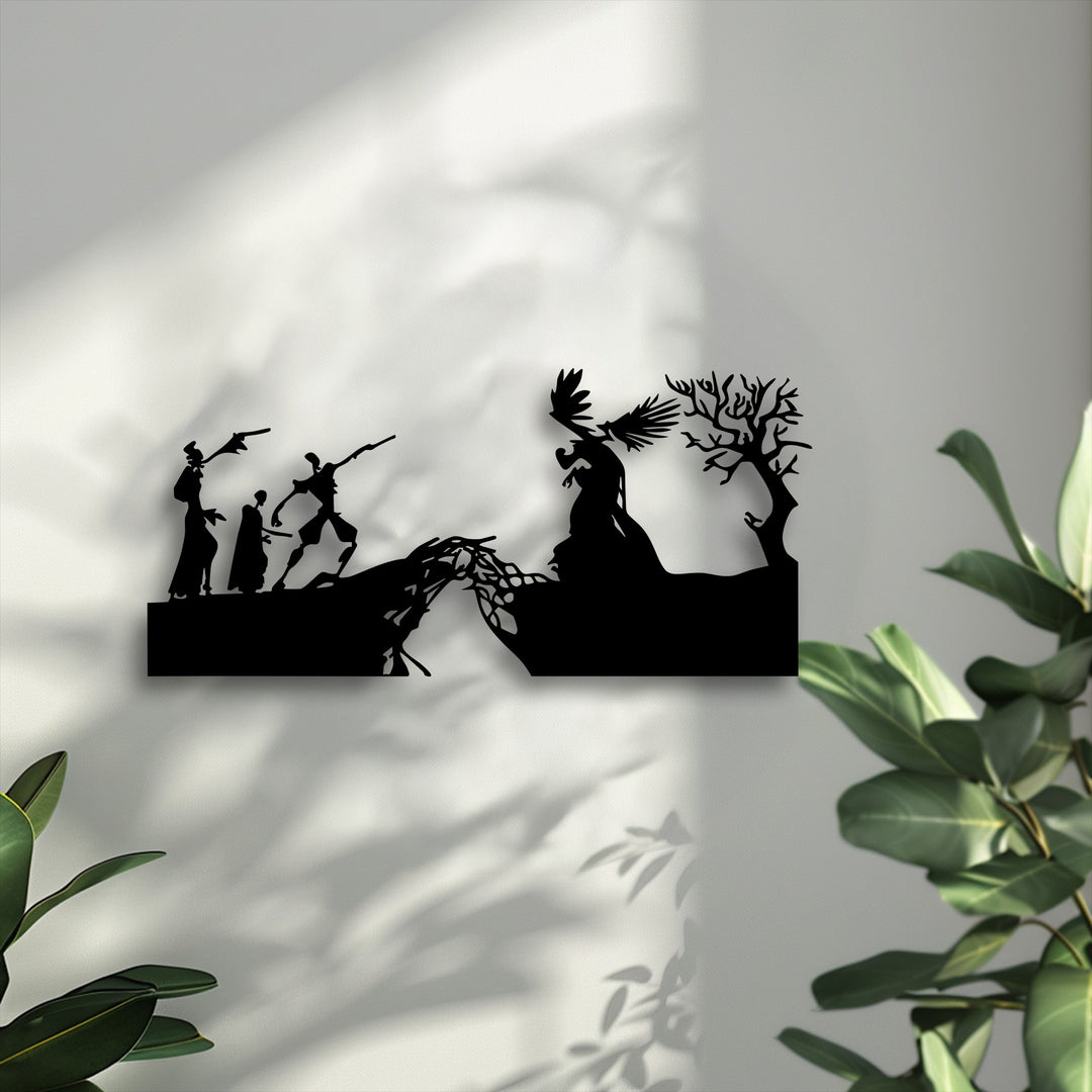 The subtle transition of light and shadow on the wall accentuates this mythological creation scene metal wall decor.