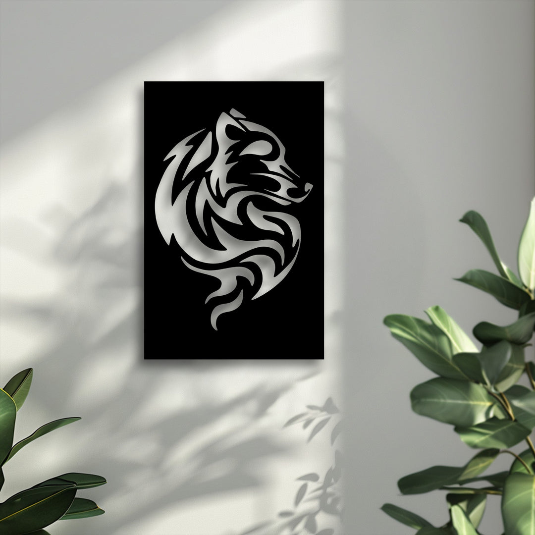 The bright, gleaming tribal wolf swirl, a piece of decorative metal art, vividly shines with its abstract animal design.
