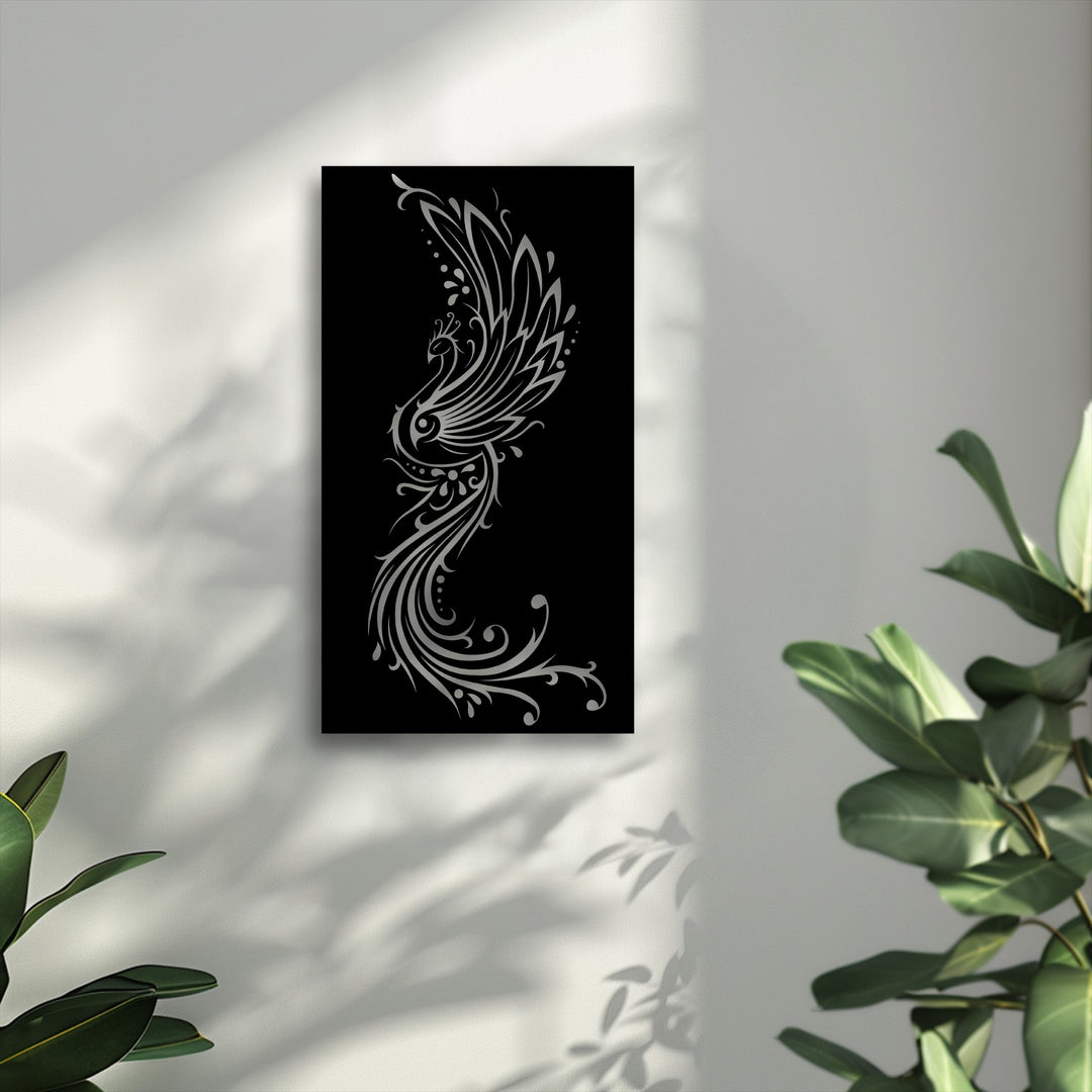 An elegant phoenix flow ornamental bird metal art for wall, featuring a striking silver design on a black panel, is the clear focal point.