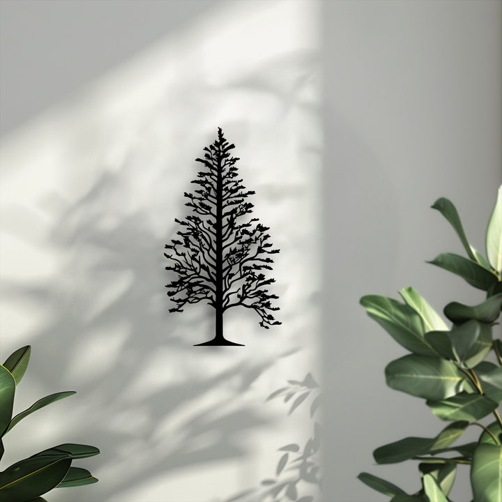 The striking layering effect features a majestic pine tree silhouette metal art for wall against the wall's delicate plant shadows.