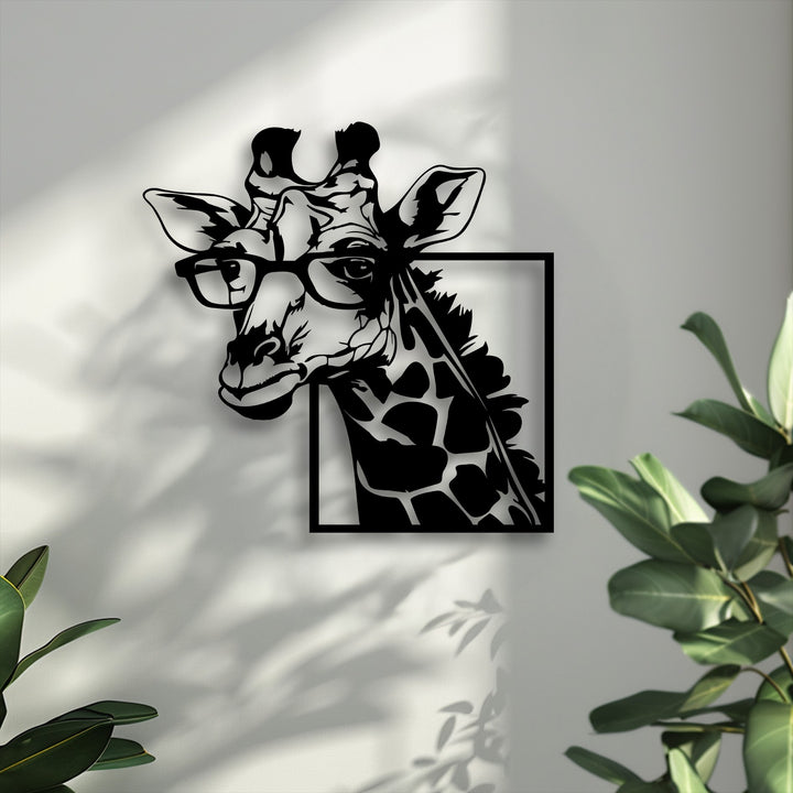 The sleek black finish of the stylish giraffe metal artwork creates striking shadows and highlights on the textured wall.