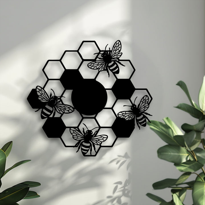 The serene ambiance of nature is captured in this striking honeycomb bees metal wall decor, casting gentle shadows.
