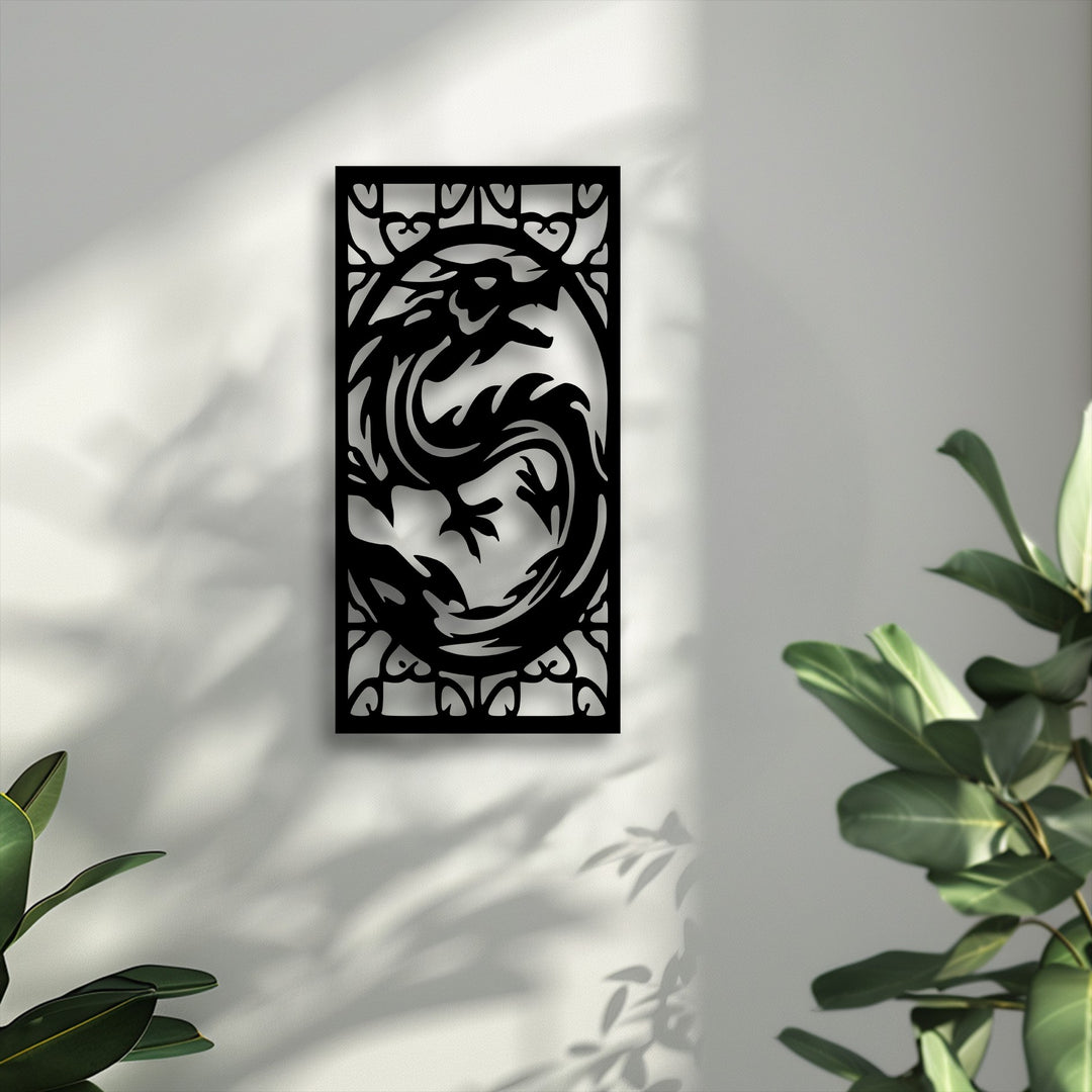 The abstract quality of the fierce dragon metal artwork features an intricate, intertwined mythical creature design.