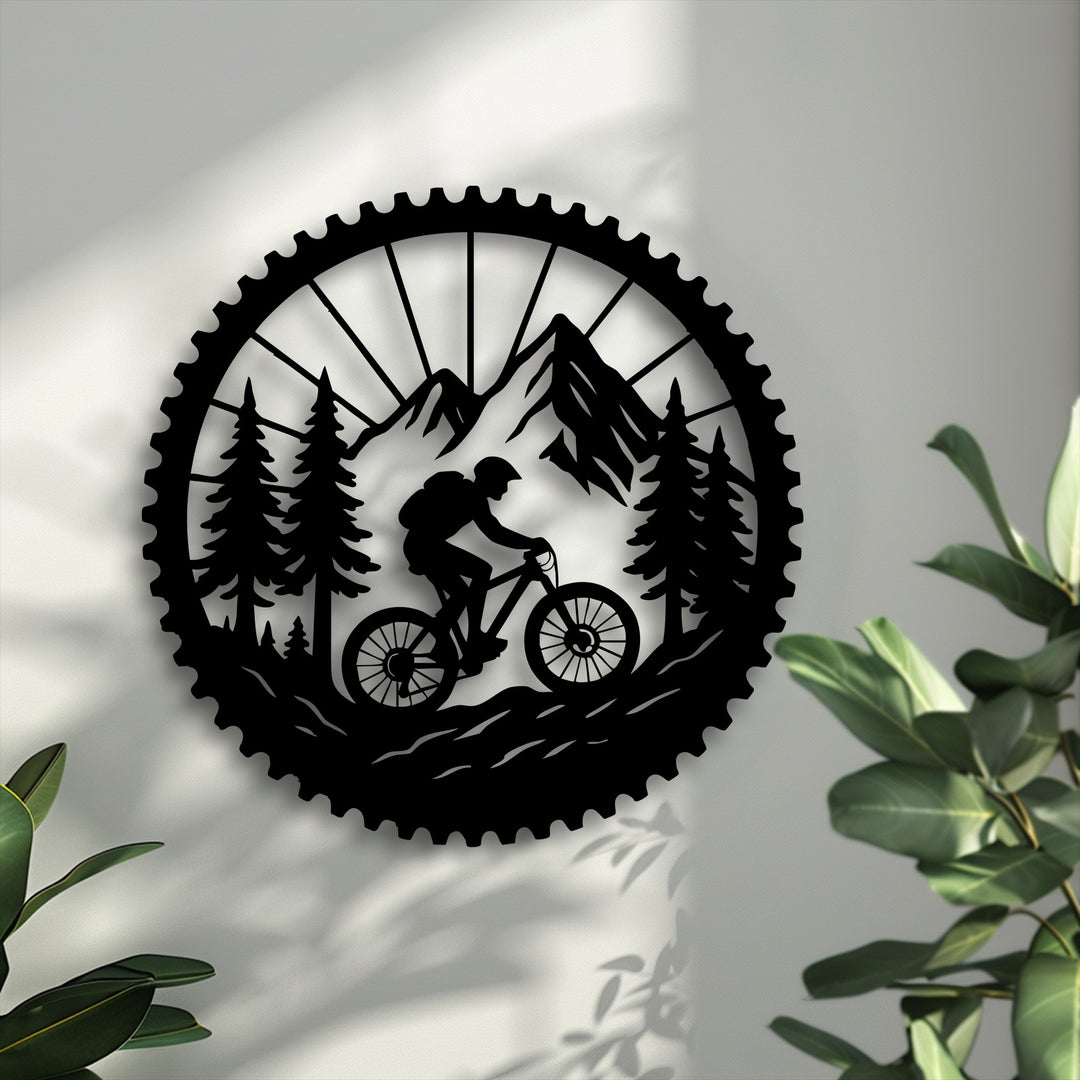 The bright white wall with subtle shadows provides a clear background for the unique metal wall art of a mountain bike adventure.