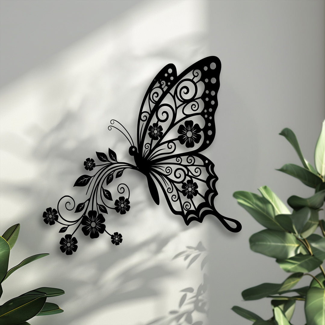 The gentle, diffused light creates soft, intricate shadows from the butterfly metal art for wall, complementing the verdant foliage.