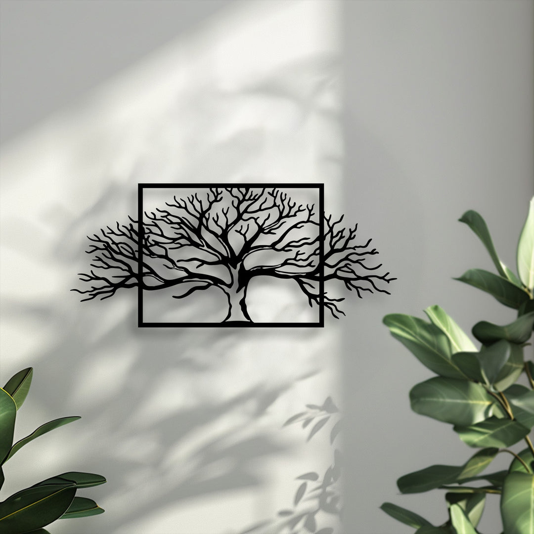 The visual rhythm of the framed tree unique metal wall art's branches extends gracefully, mirroring the organic shadows on the wall.