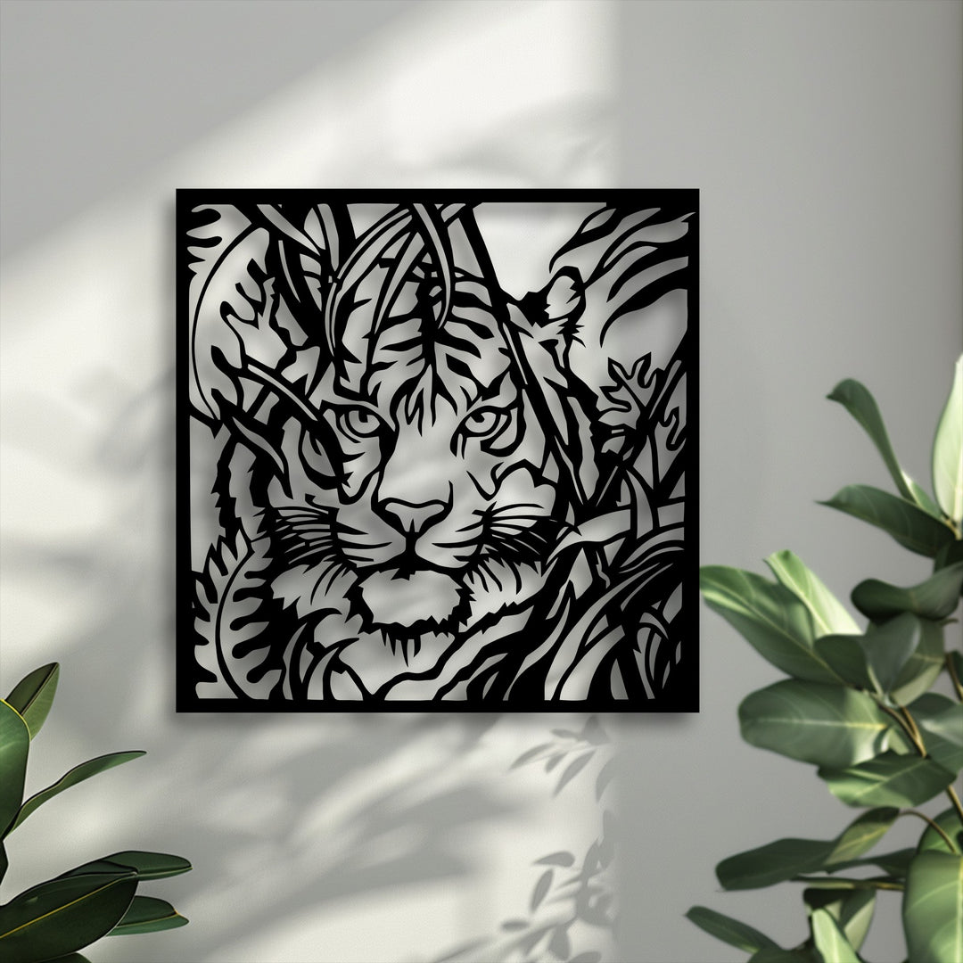 The stillness of a majestic tiger's gaze is captured in this striking Jungle Gaze metal art for wall, peeking through intricate foliage.