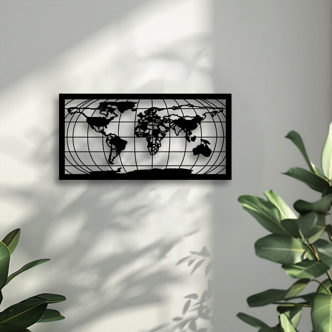The elegant World Map Grid Silhouette metal art for wall hangs still, contrasting with the soft, flowing shadows on the quiet wall.