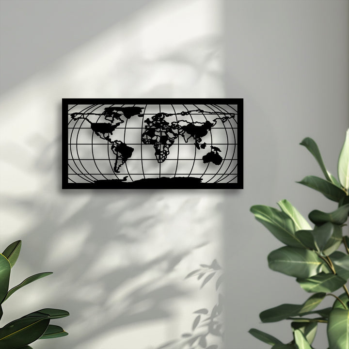 The elegant World Map Grid Silhouette metal art for wall hangs still, contrasting with the soft, flowing shadows on the quiet wall.