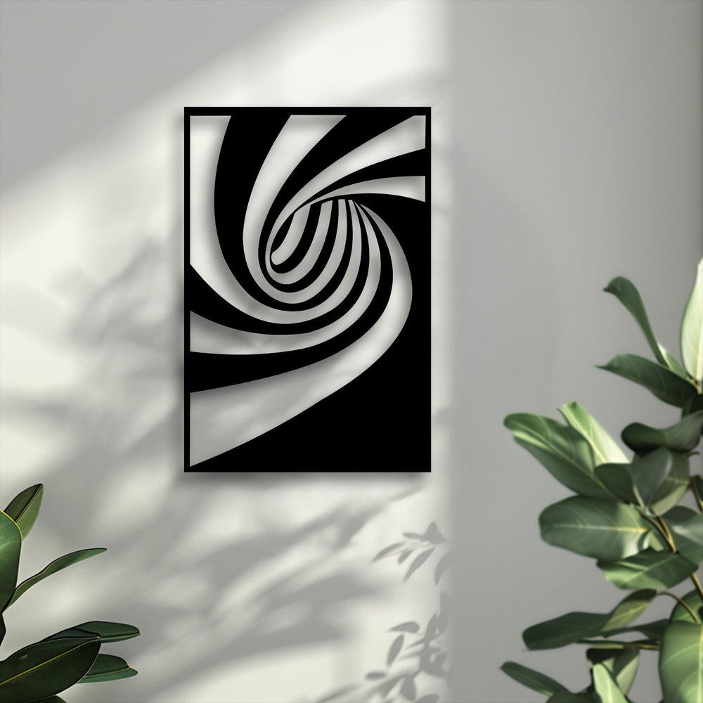Stillness enhances the abstract spiral flow decorative metal art, a striking piece against a calm wall with soft plant shadows.