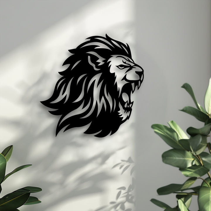 The dynamic roaring lion head decorative metal art conveys fierce power and movement with its flowing mane and open mouth.