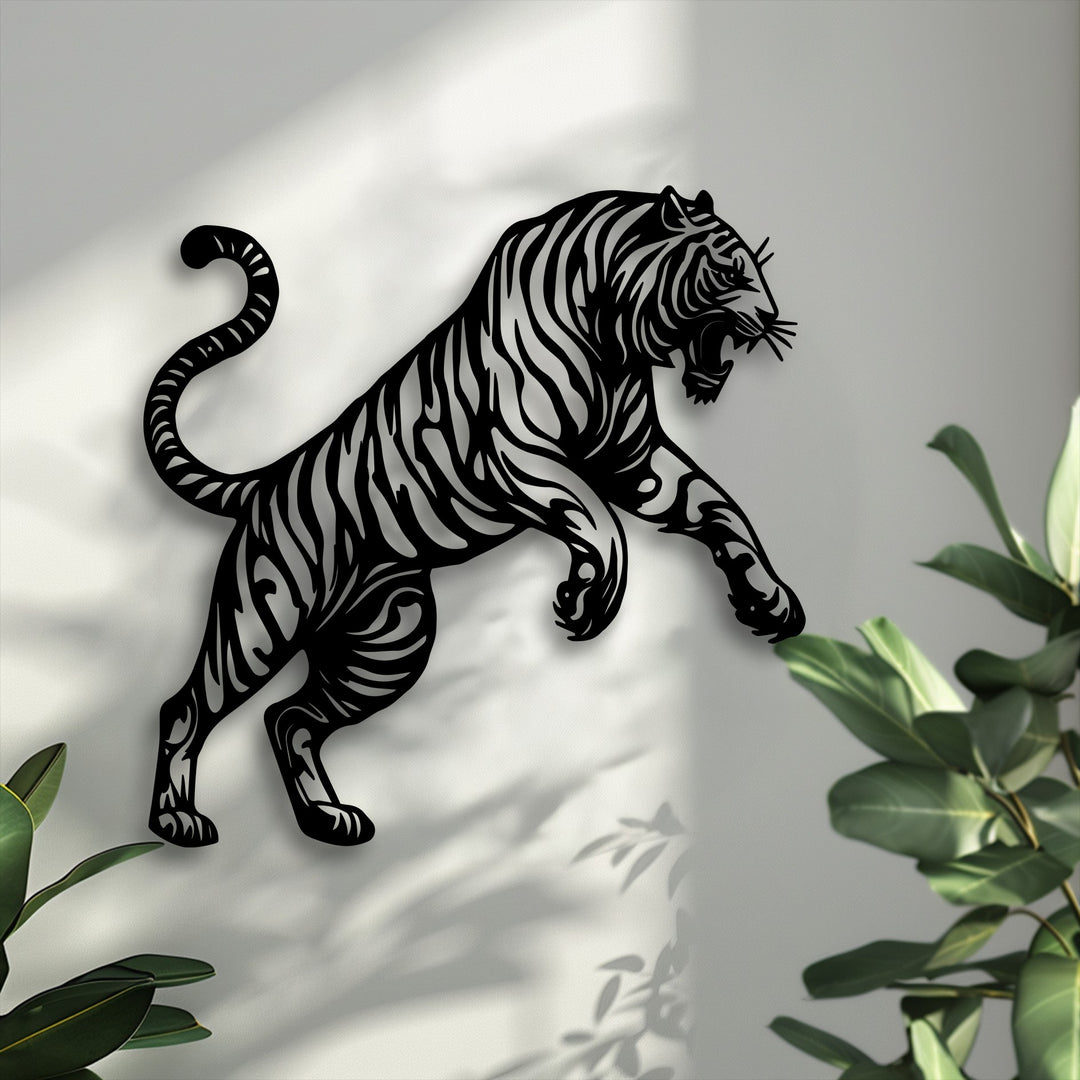 Sunlight creates sharp contrasts of light and shadow on the striking tiger silhouette decorative metal art, enhancing its wild power.
