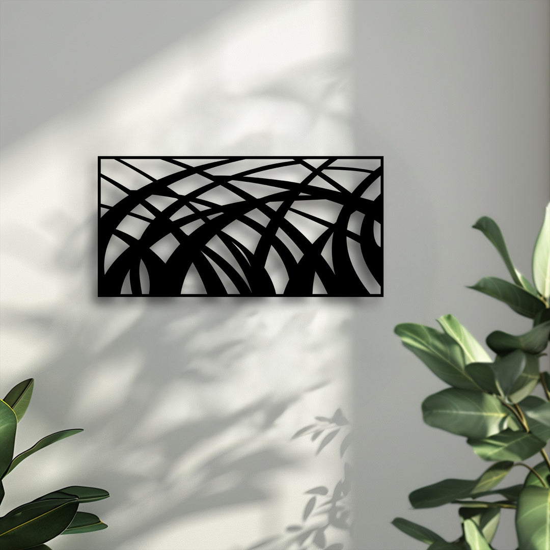 Featuring intricate overlapping black lines that create dynamic depth and layers, this unique metal wall art piece offers a compelling abstract design.