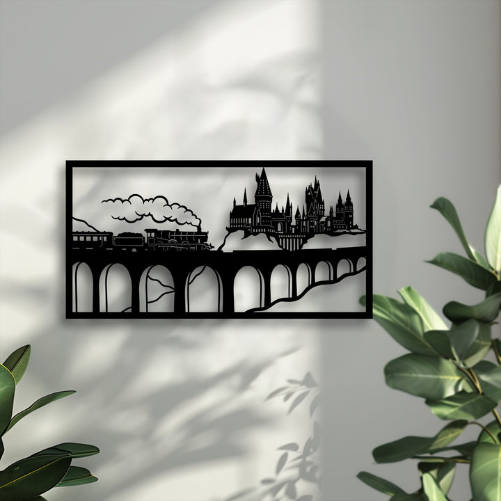 The cool color temperature of this unique metal wall art featuring a fantasy wizard castle and train scene creates a serene ambiance.