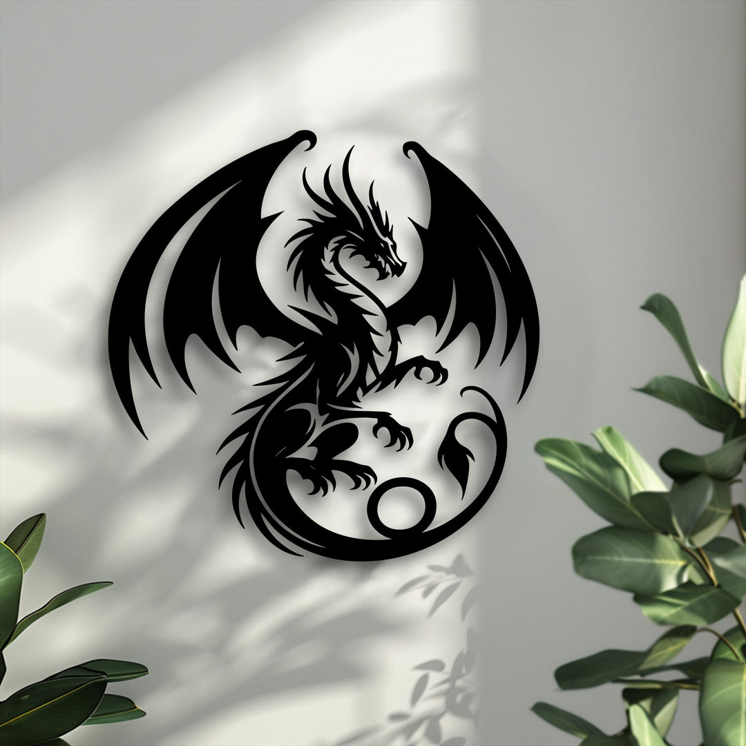 Stark color contrast highlights this majestic dragon metal art for wall, with its bold black silhouette against a bright white background.
