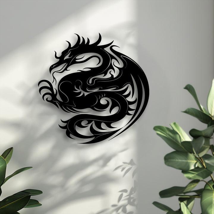 The brightest area, a sunlit wall, showcases the striking black dragon, a compelling piece of decorative metal art.